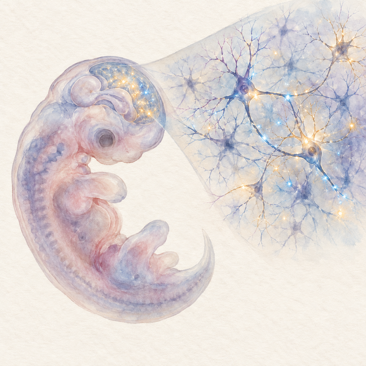 Watercolor concept illustration of a developing embryo with neural activity in the brain and an enlarged view of neurons.