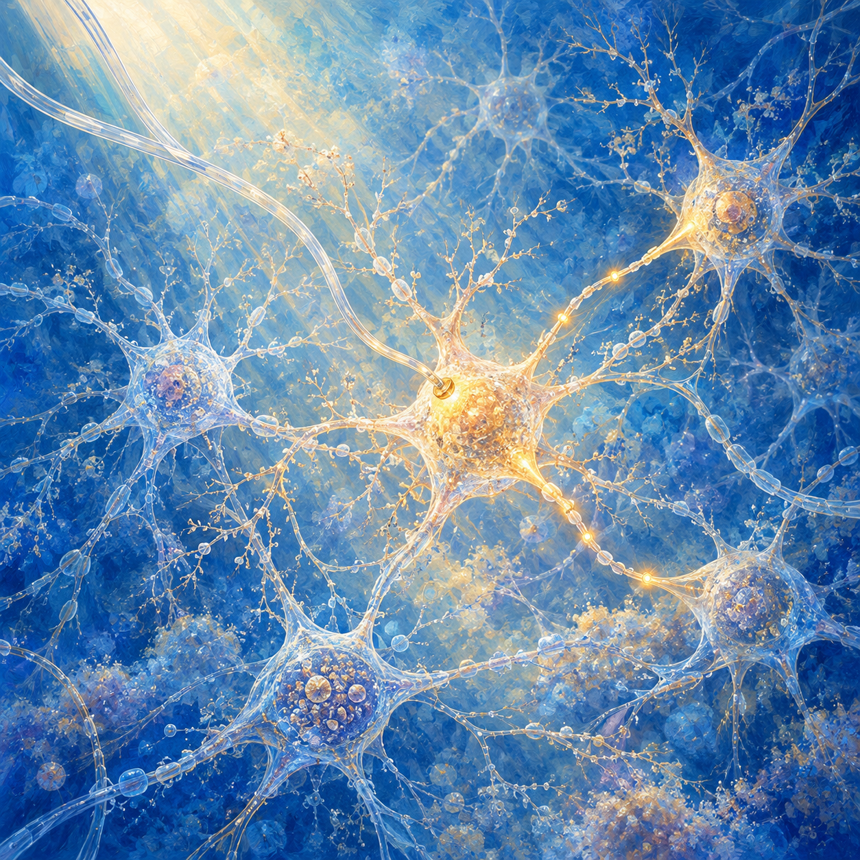 Blue and gold conceptual illustration of a soft bioelectronic interface acting locally on a target neuron, with activity highlights along selected connections in the surrounding neural network.