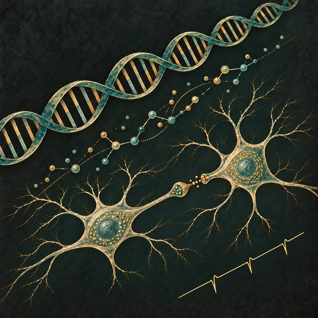Teal and gold illustration of two communicating neurons, DNA and molecular structures, and three electrophysiological spikes on a shared diagonal baseline.